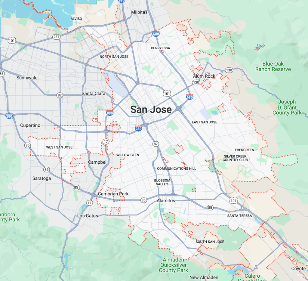 Closeup map of San Jose, California